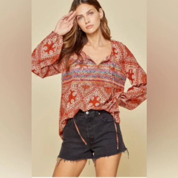 SAVANNA JANE Patchwork Embroidered Peasant Blouse - Picture 1 of 10